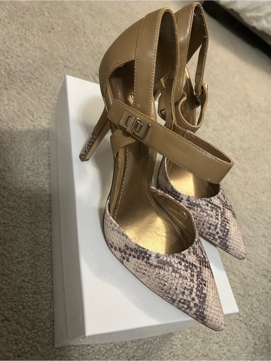 BCBG Shoes - BCBG Tan Ankle-Strap Heels with Snake-Print Pointed Toe